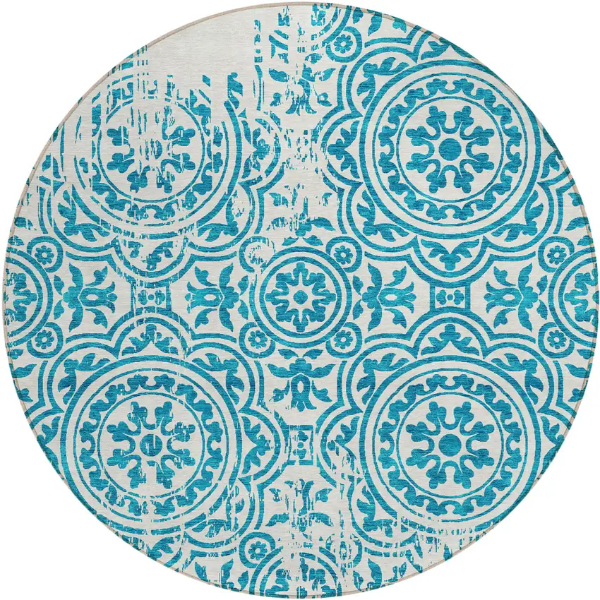 8' Teal Blue And Ivory Round Medallion Washable Indoor Outdoor Area Rug Photo 1