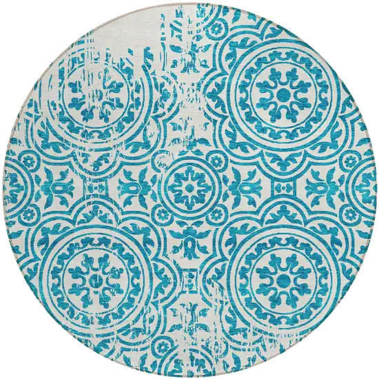 8' Teal Blue And Ivory Round Medallion Washable Indoor Outdoor Area Rug Photo 1