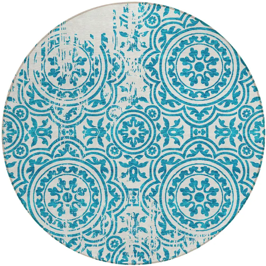 8' Teal Blue And Ivory Round Medallion Washable Indoor Outdoor Area Rug Photo 1