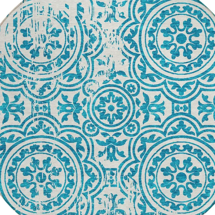 8' Teal Blue And Ivory Round Medallion Washable Indoor Outdoor Area Rug Photo 4