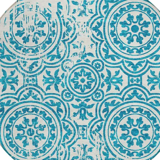 8' Teal Blue And Ivory Round Medallion Washable Indoor Outdoor Area Rug Photo 4