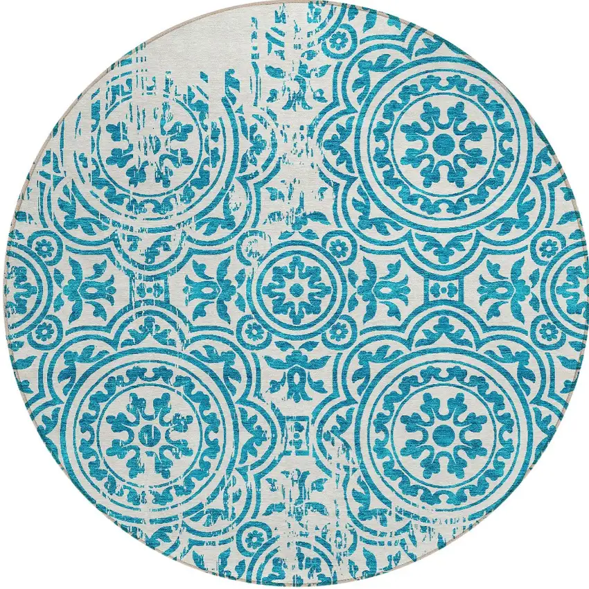 8' Teal Blue And Ivory Round Medallion Washable Indoor Outdoor Area Rug Photo 5