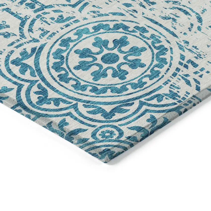 8' Teal Blue And Ivory Round Medallion Washable Indoor Outdoor Area Rug Photo 3