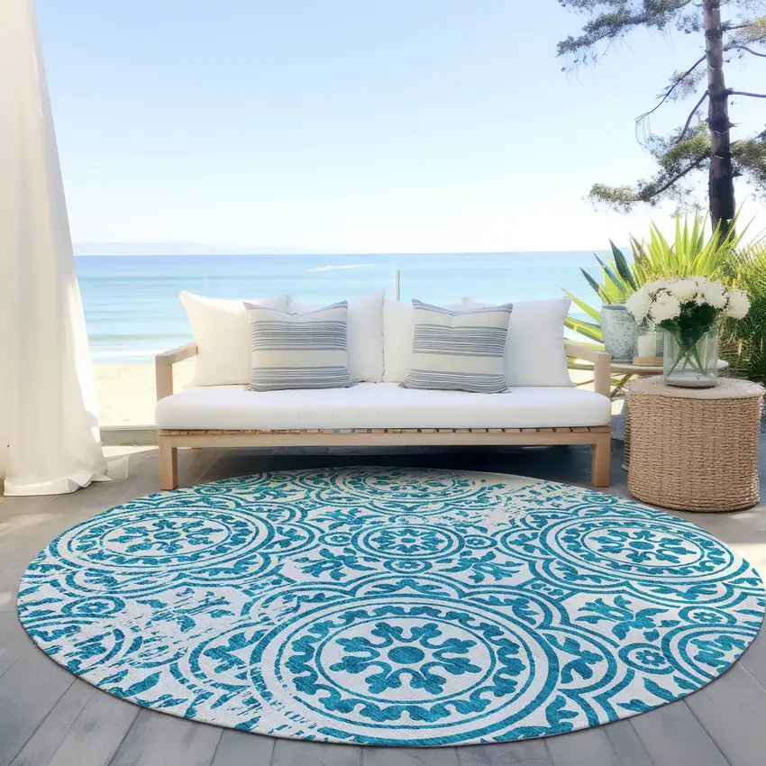 8' Teal Blue And Ivory Round Medallion Washable Indoor Outdoor Area Rug Photo 6