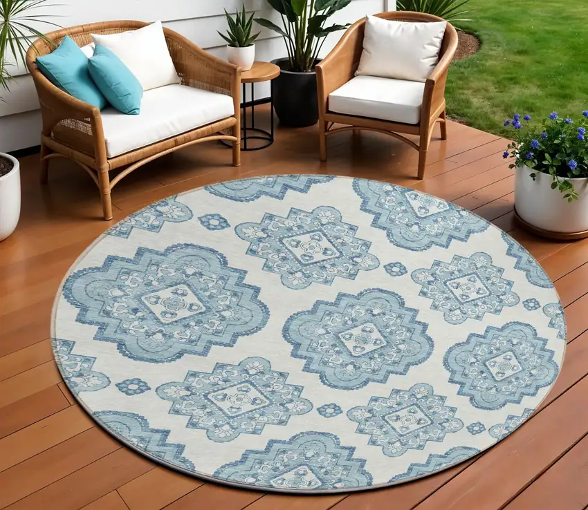 8' Teal Blue And Ivory Round Medallion Washable Indoor Outdoor Area Rug Photo 1
