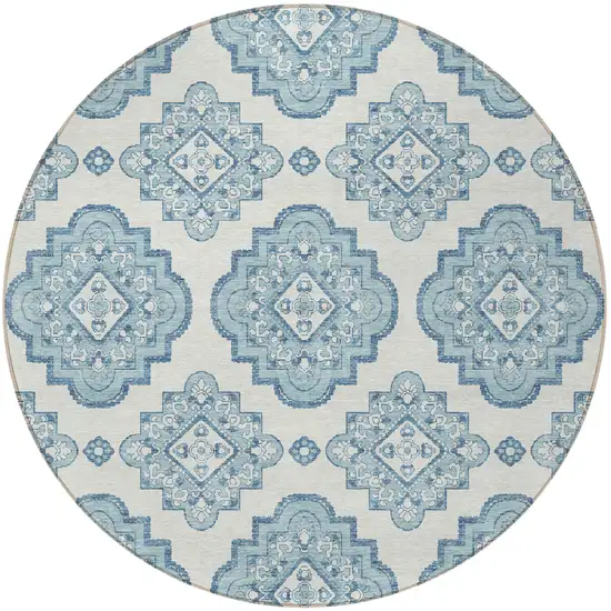 8' Teal Blue And Ivory Round Medallion Washable Indoor Outdoor Area Rug Photo 4
