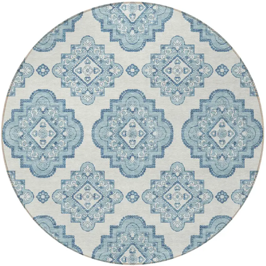 8' Teal Blue And Ivory Round Medallion Washable Indoor Outdoor Area Rug Photo 4