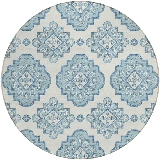8' Teal Blue And Ivory Round Medallion Washable Indoor Outdoor Area Rug Photo 2