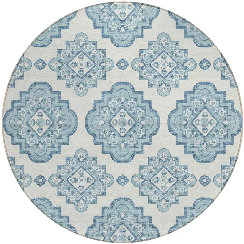 8' Teal Blue And Ivory Round Medallion Washable Indoor Outdoor Area Rug Photo 2