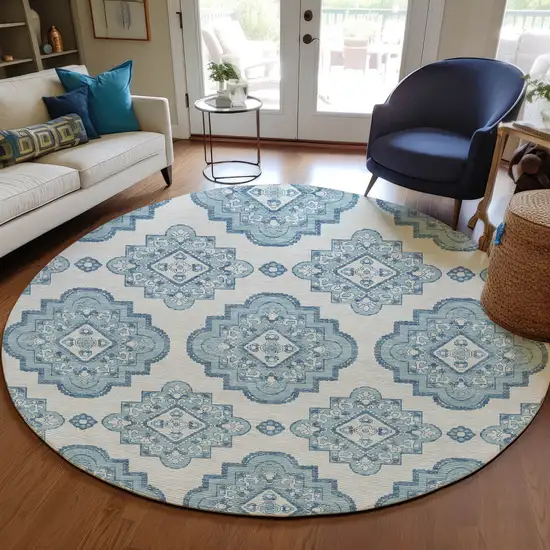 8' Teal Blue And Ivory Round Medallion Washable Indoor Outdoor Area Rug Photo 6