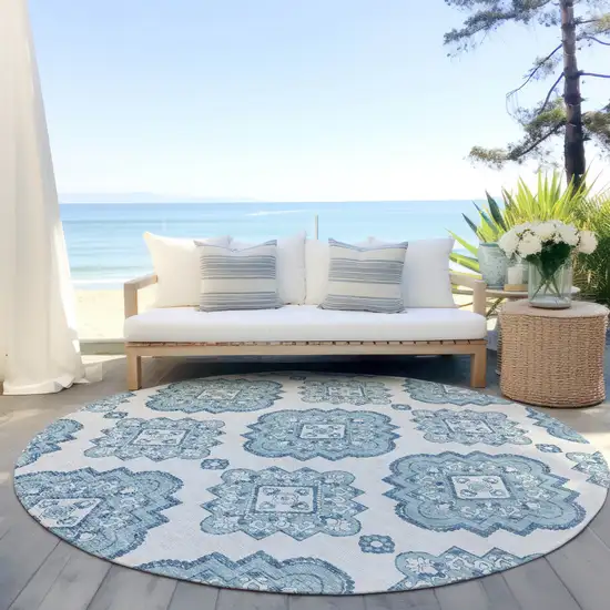 8' Teal Blue And Ivory Round Medallion Washable Indoor Outdoor Area Rug Photo 5