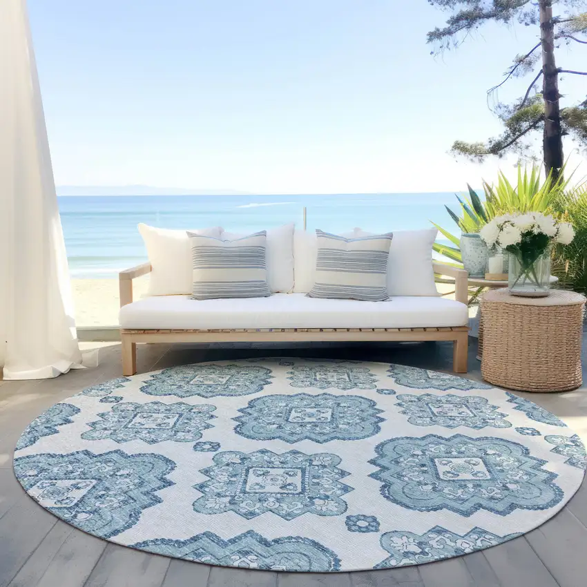 8' Teal Blue And Ivory Round Medallion Washable Indoor Outdoor Area Rug Photo 5