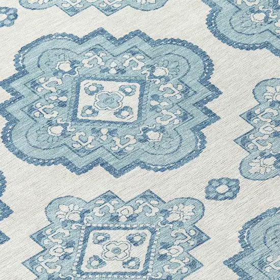 8' Teal Blue And Ivory Round Medallion Washable Indoor Outdoor Area Rug Photo 7