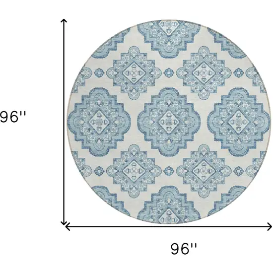 8' Teal Blue And Ivory Round Medallion Washable Indoor Outdoor Area Rug Photo 3