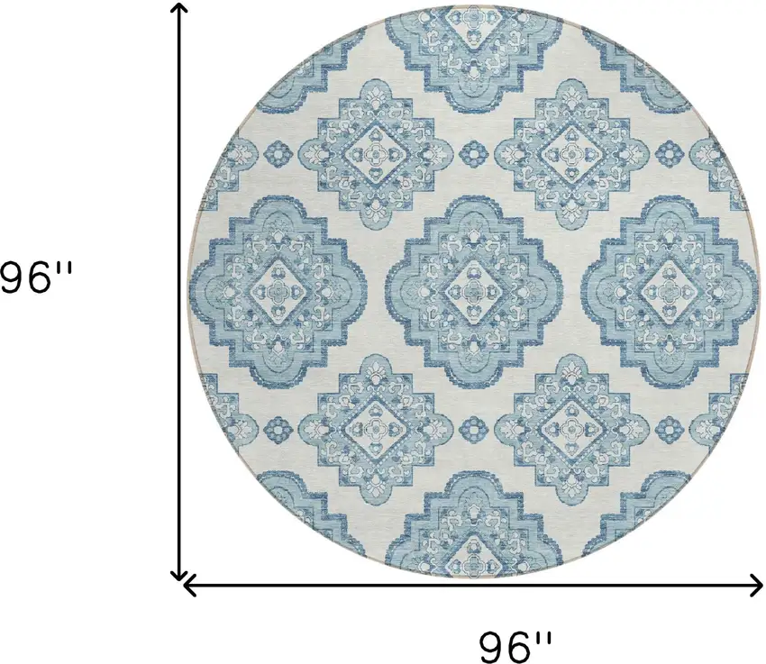8' Teal Blue And Ivory Round Medallion Washable Indoor Outdoor Area Rug Photo 3