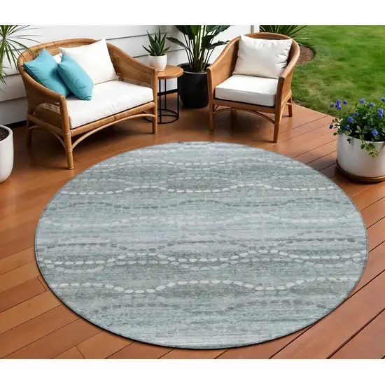 8' Teal Blue And Ivory Round Ogee Washable Indoor Outdoor Area Rug Photo 2