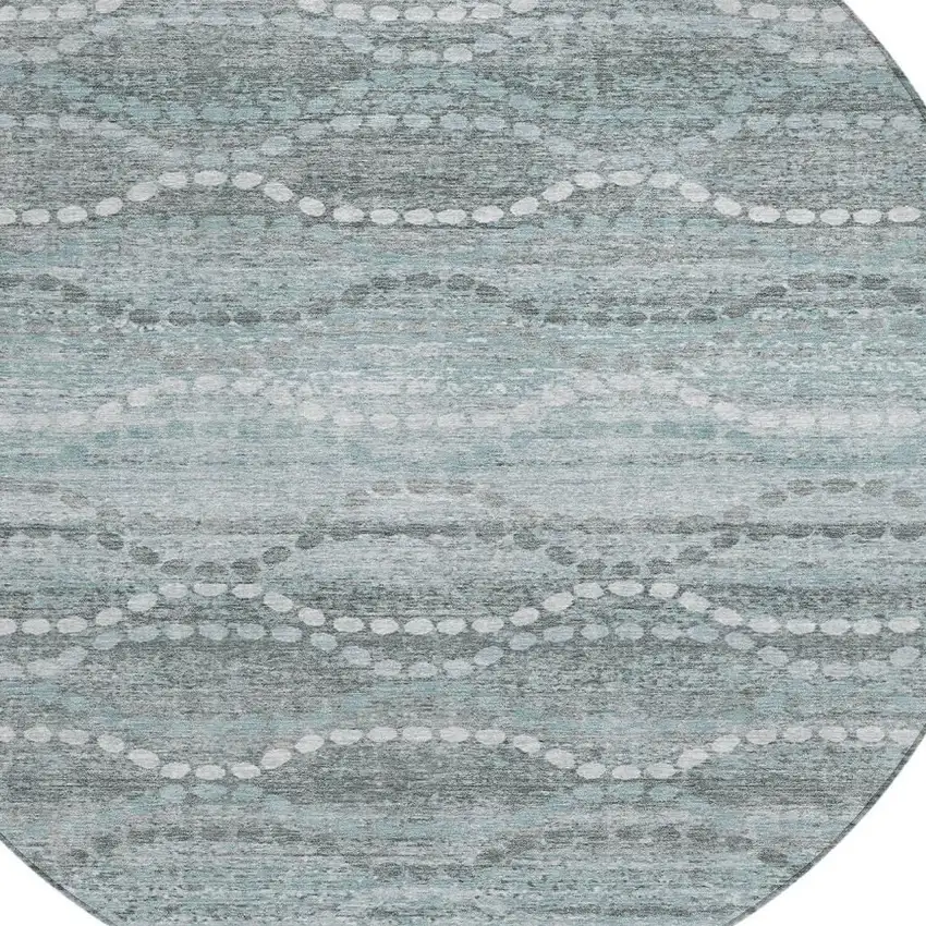 8' Teal Blue And Ivory Round Ogee Washable Indoor Outdoor Area Rug Photo 4