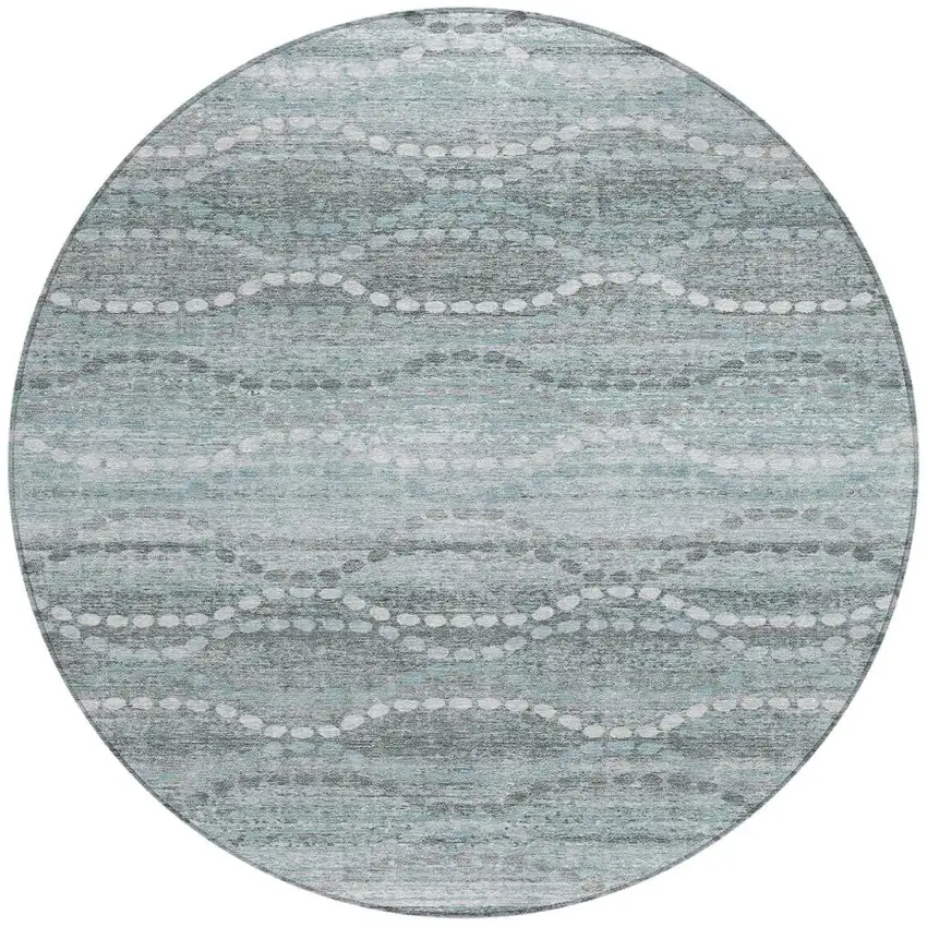 8' Teal Blue And Ivory Round Ogee Washable Indoor Outdoor Area Rug Photo 3
