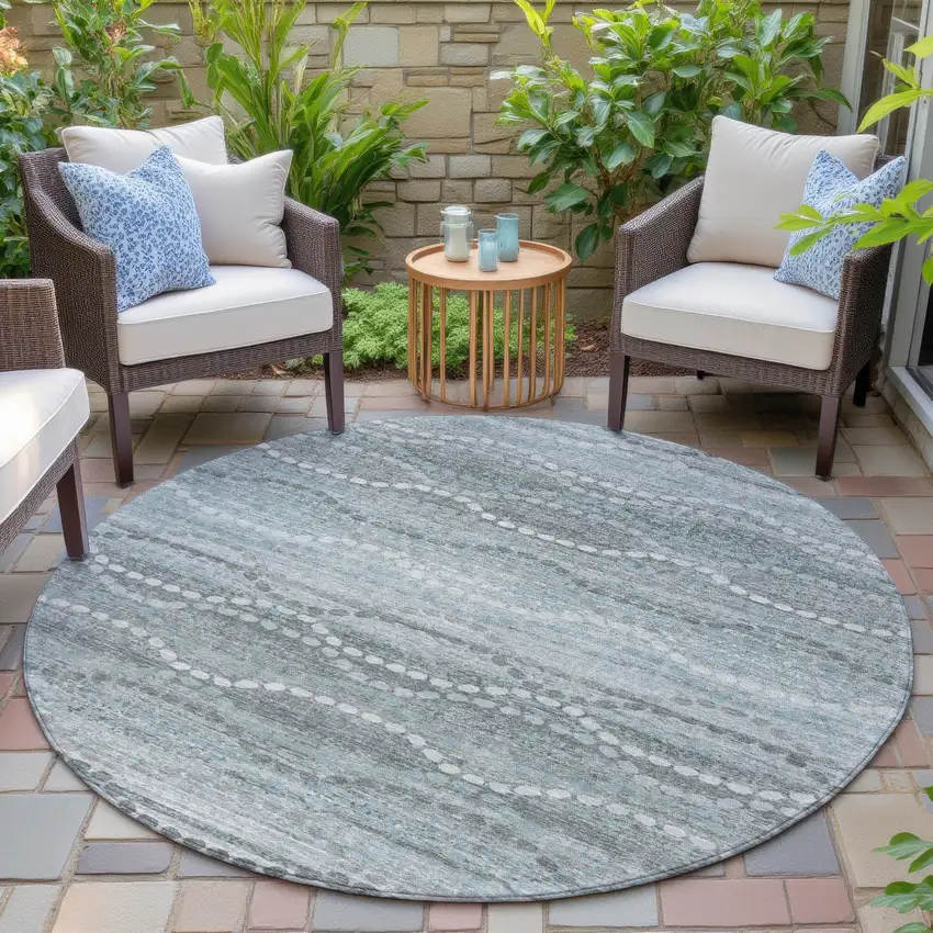 8' Teal Blue And Ivory Round Ogee Washable Indoor Outdoor Area Rug Photo 6