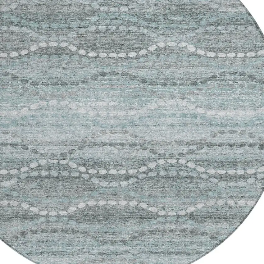 8' Teal Blue And Ivory Round Ogee Washable Indoor Outdoor Area Rug Photo 8