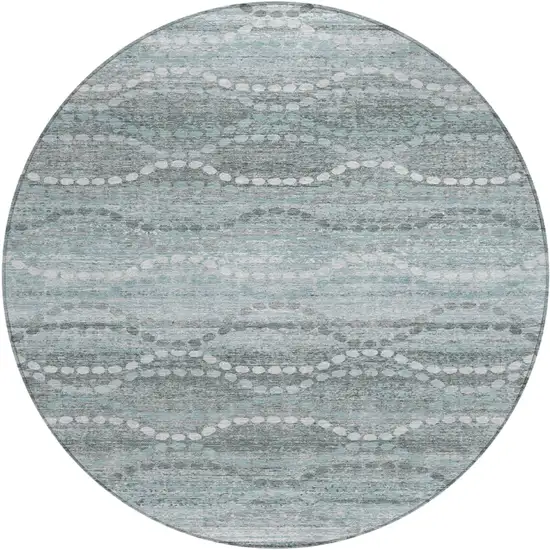 8' Teal Blue And Ivory Round Ogee Washable Indoor Outdoor Area Rug Photo 1