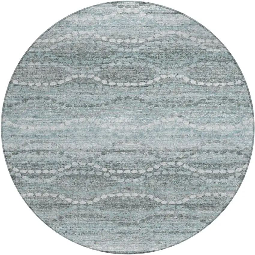 8' Teal Blue And Ivory Round Ogee Washable Indoor Outdoor Area Rug Photo 1