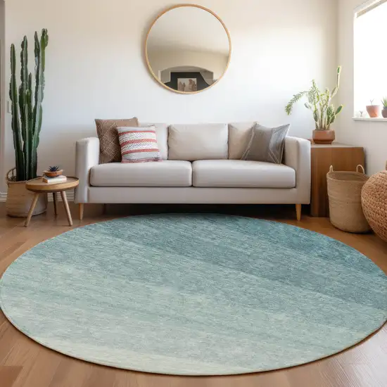 8' Teal Blue And Ivory Round Ombre Washable Indoor Outdoor Area Rug Photo 7