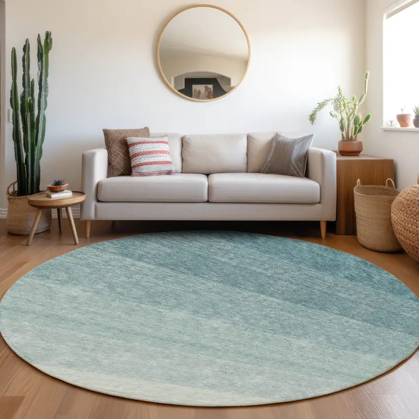 8' Teal Blue And Ivory Round Ombre Washable Indoor Outdoor Area Rug Photo 7