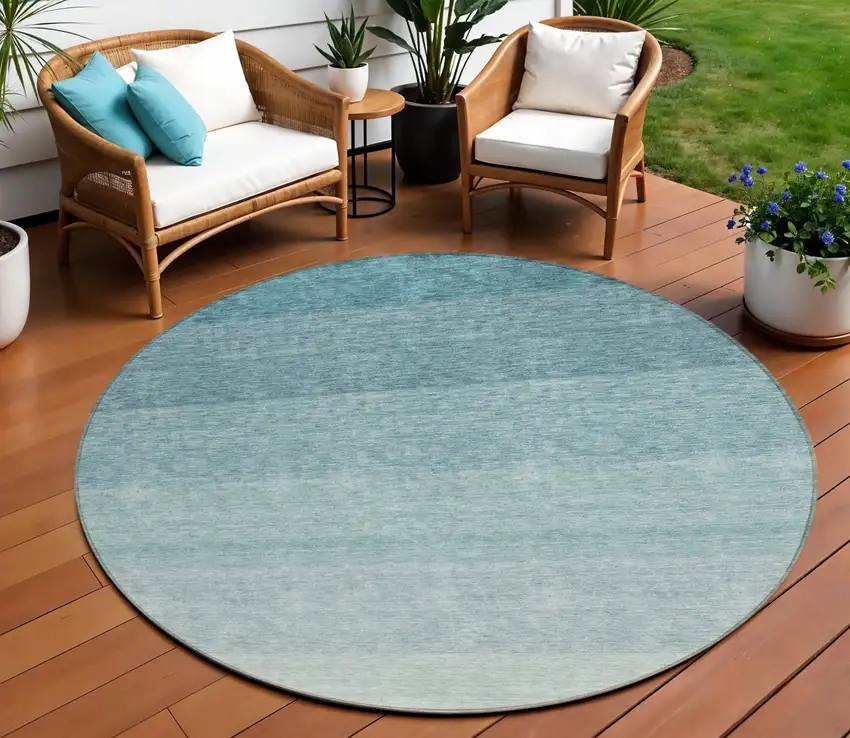 8' Teal Blue And Ivory Round Ombre Washable Indoor Outdoor Area Rug Photo 1