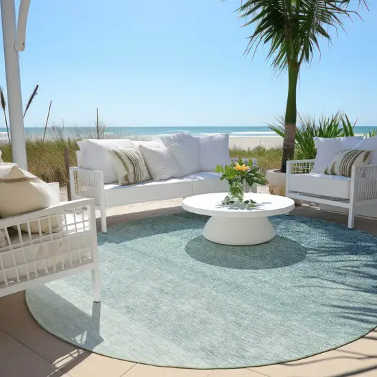 8' Teal Blue And Ivory Round Ombre Washable Indoor Outdoor Area Rug Photo 6