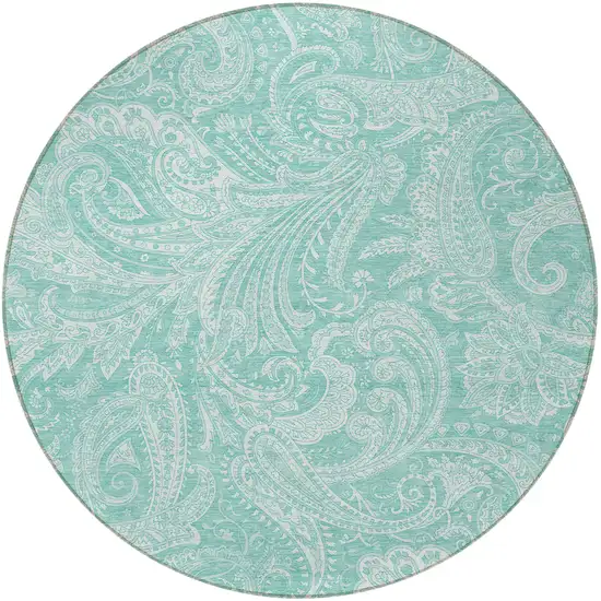 8' Teal Blue And Ivory Round Paisley Washable Indoor Outdoor Area Rug Photo 6