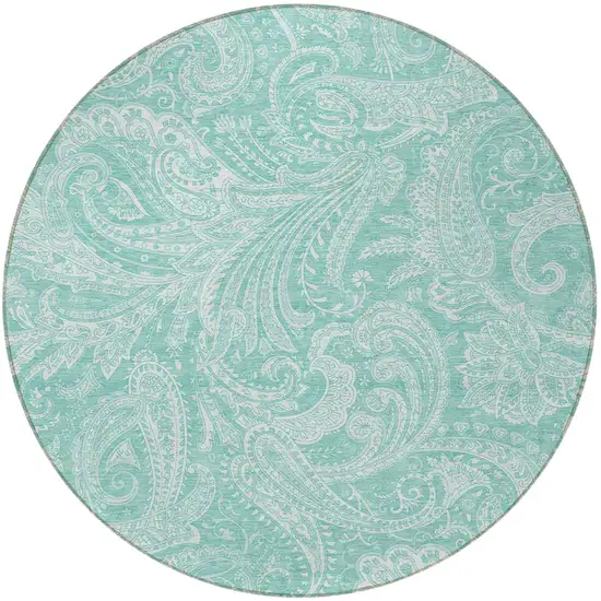 8' Teal Blue And Ivory Round Paisley Washable Indoor Outdoor Area Rug Photo 6