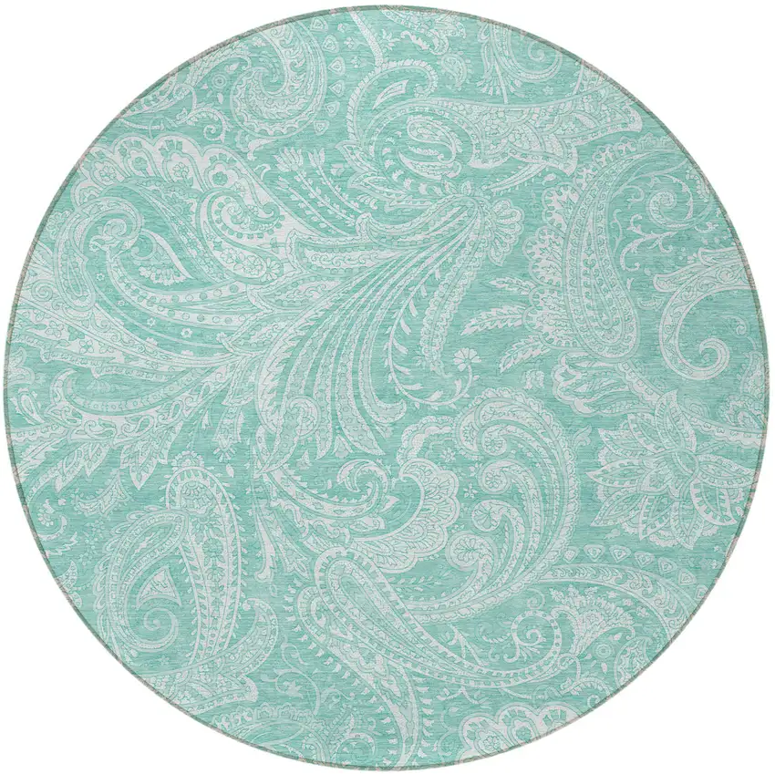 8' Teal Blue And Ivory Round Paisley Washable Indoor Outdoor Area Rug Photo 6
