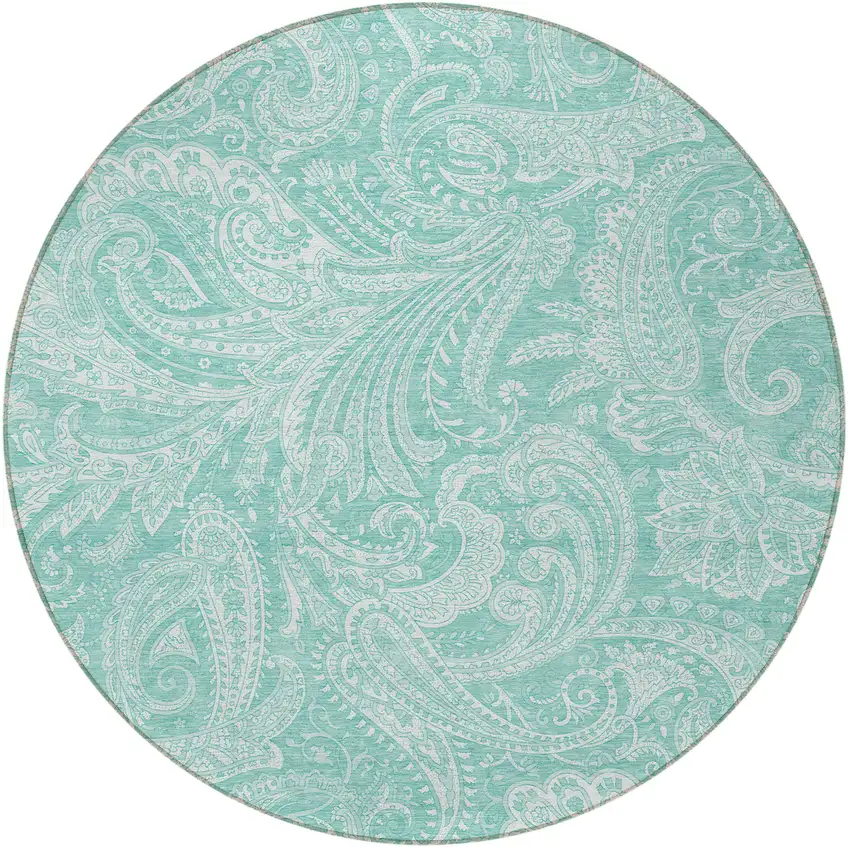 8' Teal Blue And Ivory Round Paisley Washable Indoor Outdoor Area Rug Photo 6