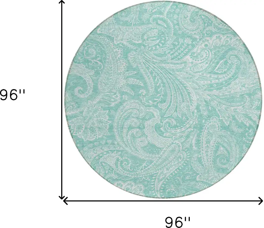 8' Teal Blue And Ivory Round Paisley Washable Indoor Outdoor Area Rug Photo 3