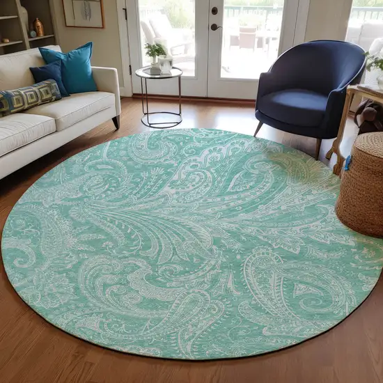 8' Teal Blue And Ivory Round Paisley Washable Indoor Outdoor Area Rug Photo 8