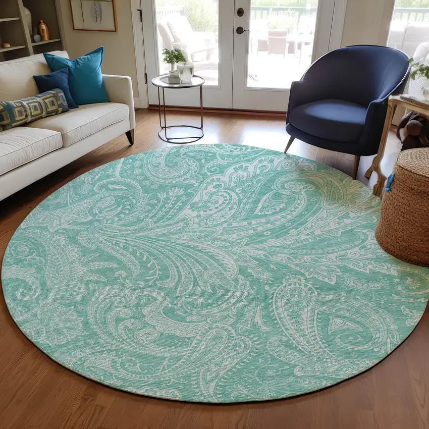 8' Teal Blue And Ivory Round Paisley Washable Indoor Outdoor Area Rug Photo 8