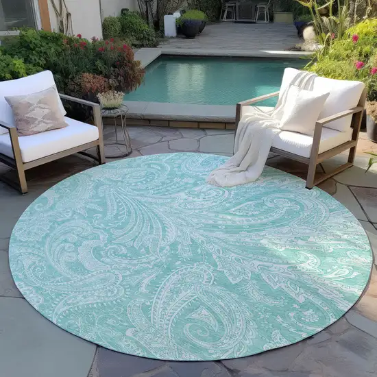 8' Teal Blue And Ivory Round Paisley Washable Indoor Outdoor Area Rug Photo 7