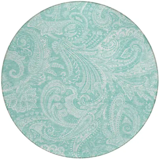 8' Teal Blue And Ivory Round Paisley Washable Indoor Outdoor Area Rug Photo 2