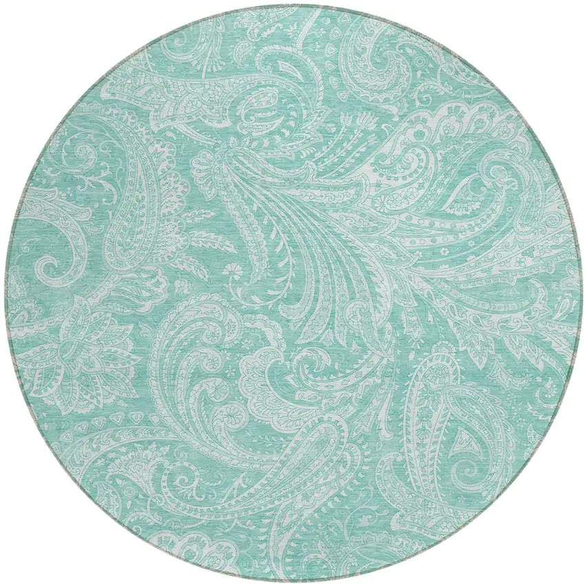 8' Teal Blue And Ivory Round Paisley Washable Indoor Outdoor Area Rug Photo 2