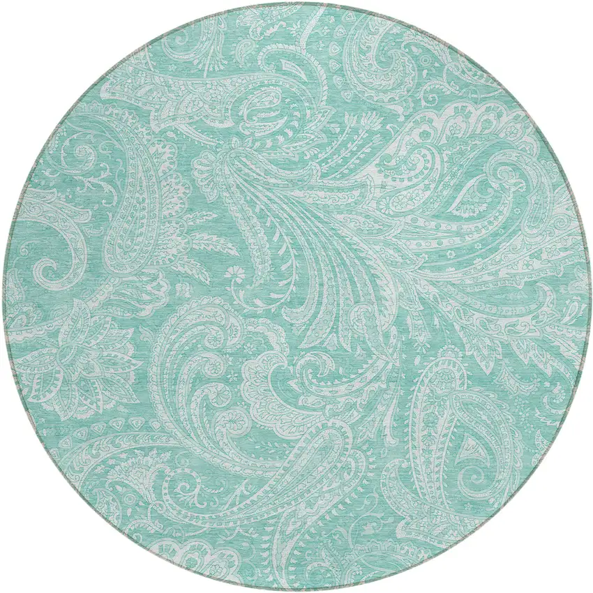 8' Teal Blue And Ivory Round Paisley Washable Indoor Outdoor Area Rug Photo 2