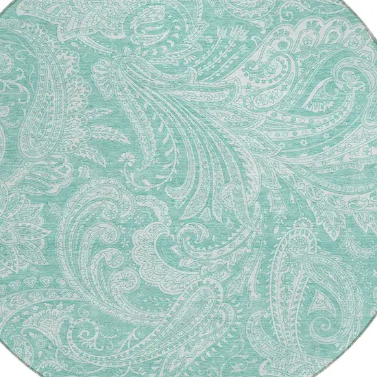 8' Teal Blue And Ivory Round Paisley Washable Indoor Outdoor Area Rug Photo 4