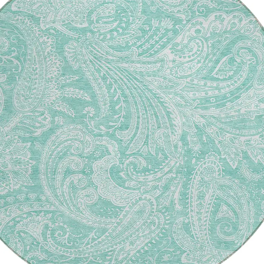 8' Teal Blue And Ivory Round Paisley Washable Indoor Outdoor Area Rug Photo 4