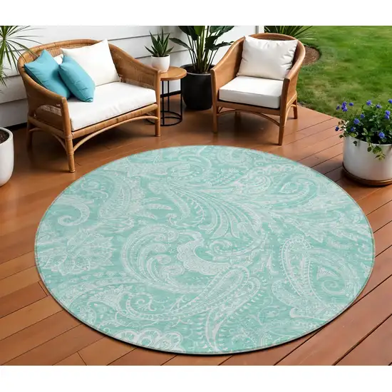 8' Teal Blue And Ivory Round Paisley Washable Indoor Outdoor Area Rug Photo 1