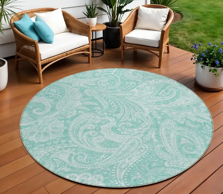 8' Teal Blue And Ivory Round Paisley Washable Indoor Outdoor Area Rug Photo 1