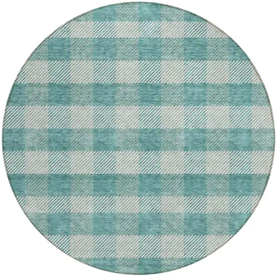 8' Teal Blue And Ivory Round Plaid Washable Indoor Outdoor Area Rug Photo 2