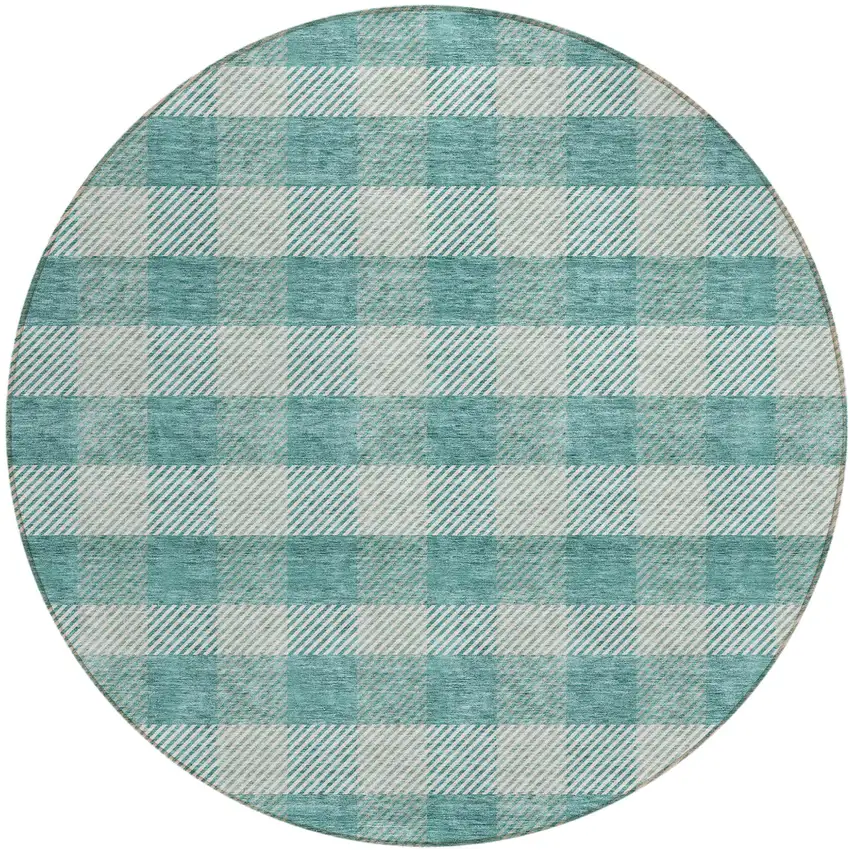 8' Teal Blue And Ivory Round Plaid Washable Indoor Outdoor Area Rug Photo 2