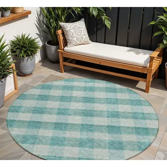 8' Teal Blue And Ivory Round Plaid Washable Indoor Outdoor Area Rug Photo 1