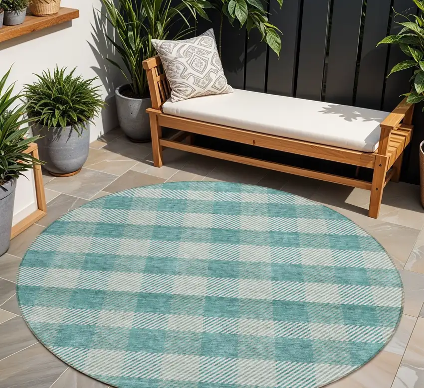8' Teal Blue And Ivory Round Plaid Washable Indoor Outdoor Area Rug Photo 1