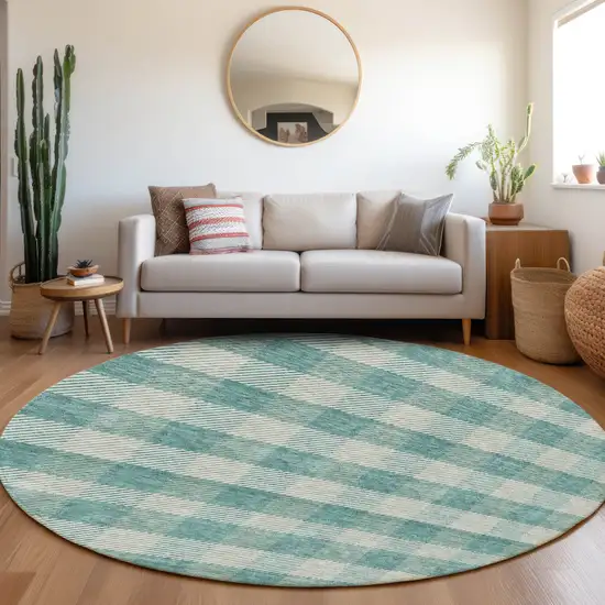 8' Teal Blue And Ivory Round Plaid Washable Indoor Outdoor Area Rug Photo 7